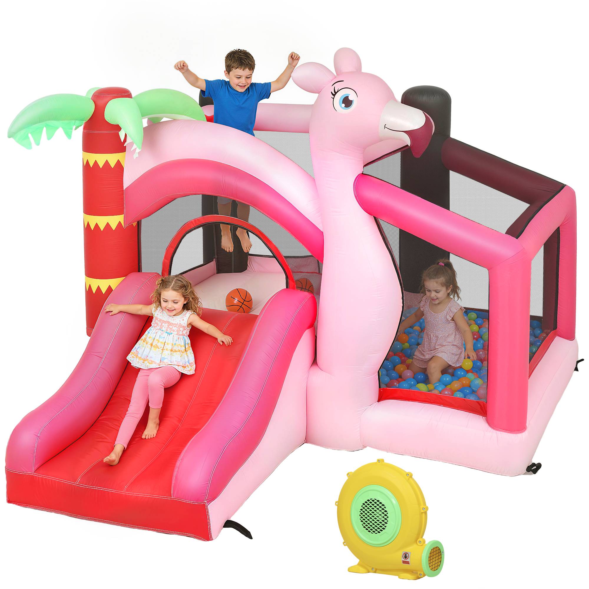 Château gonflable souffleur toboggan trampoline piscine à balles panier basket 255 × 230 × 196 cm jeu enfant - Image 1
