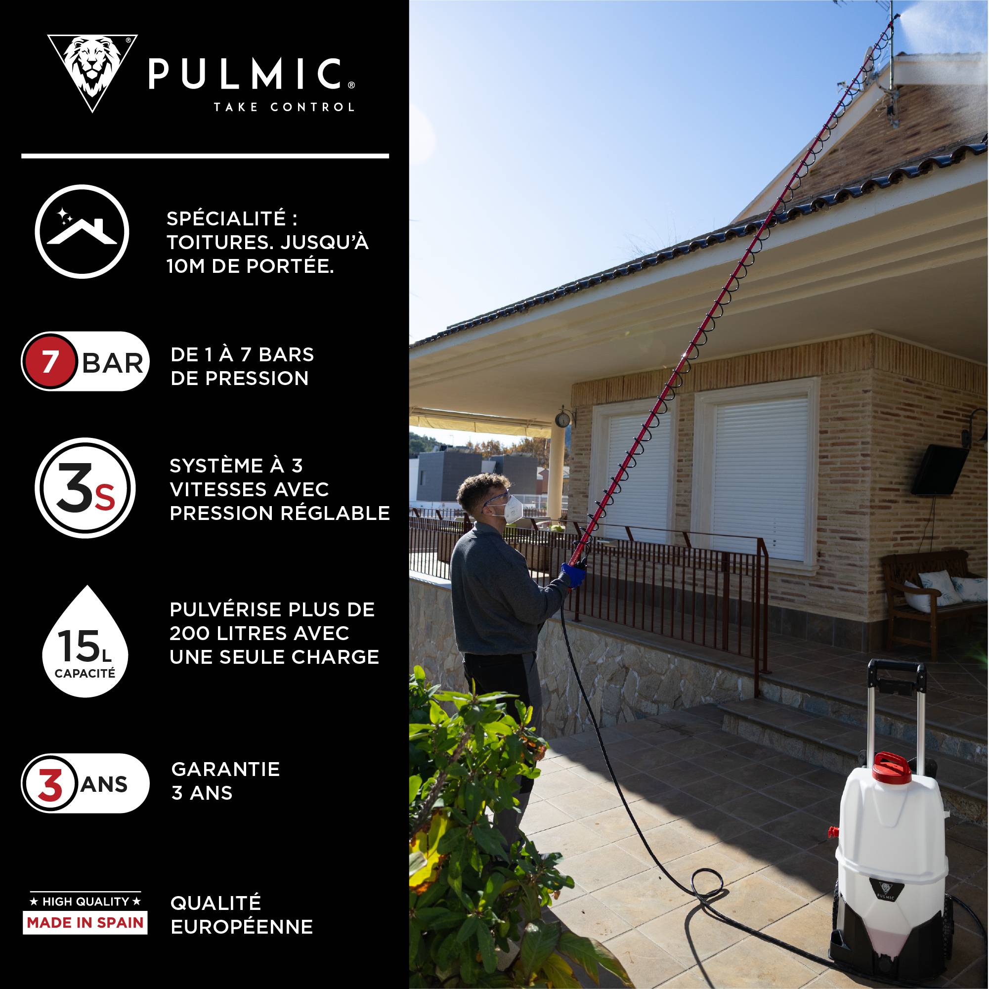 Pulvérisateur Électrique Spécial Toiture, Démoussage, Nettoyage et Applications en Hauteur. Projette 10m. 35L, 7 Bar, Autonomie 6h, Tuyau 6m. - Image 8