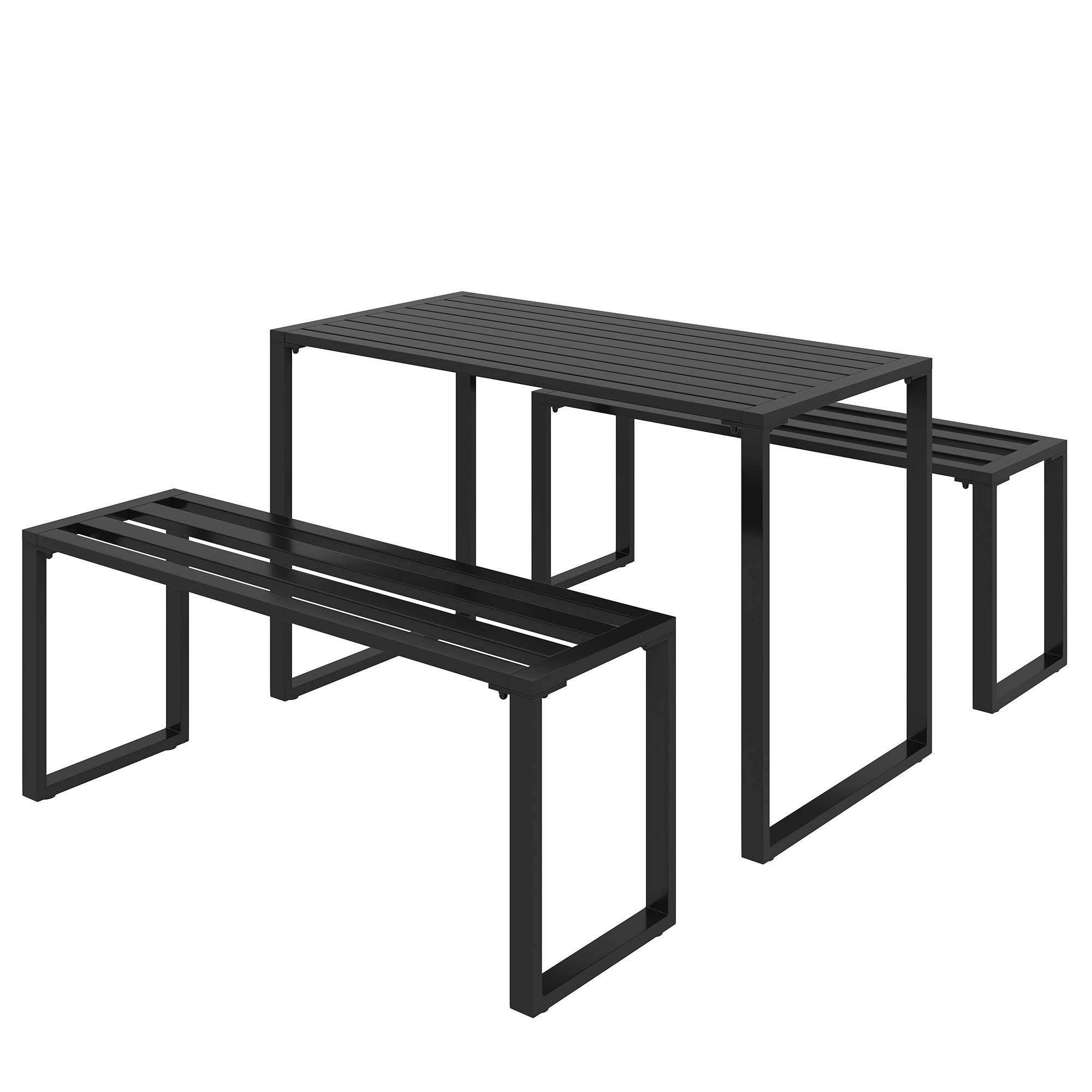 Ensemble de mobilier de jardin pour 4 personnes, 1 table et 2 bancs, métal, noir - Image 2