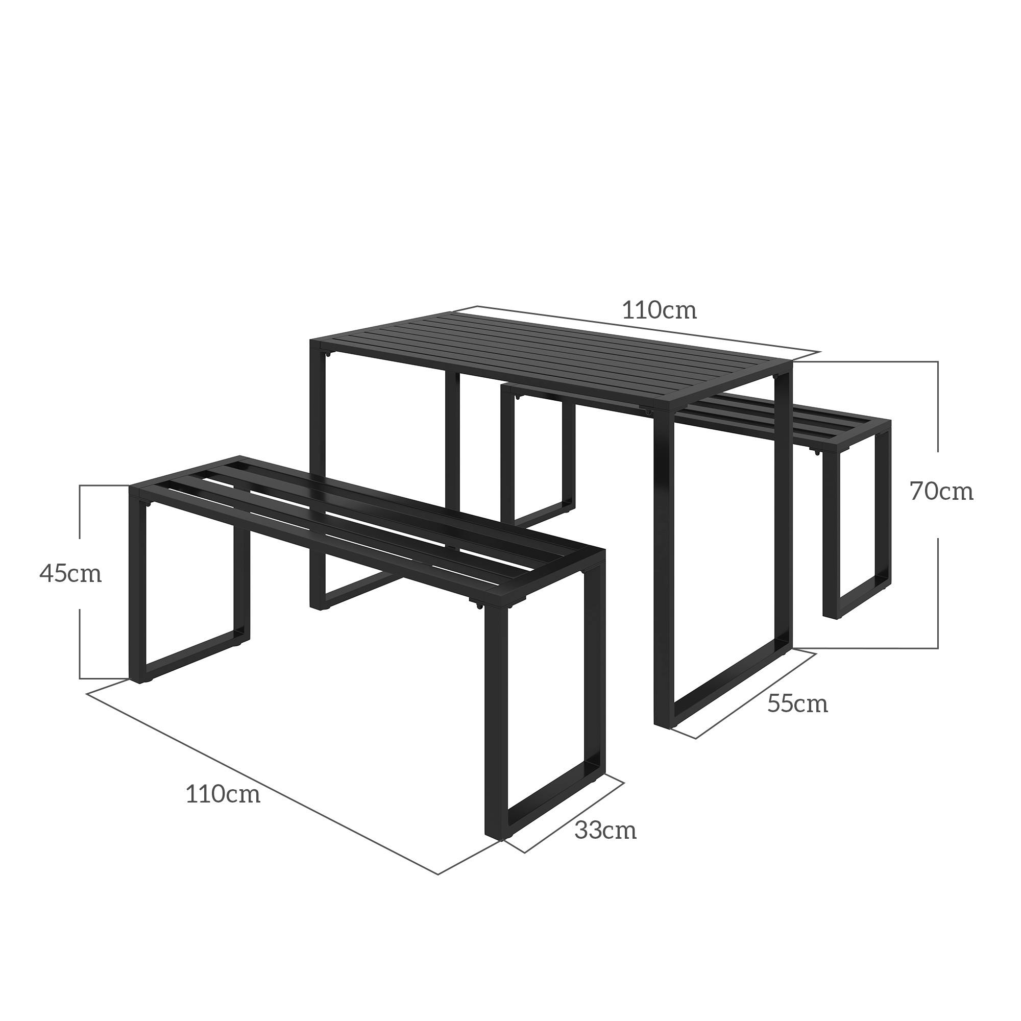Ensemble de mobilier de jardin pour 4 personnes, 1 table et 2 bancs, métal, noir - Image 5
