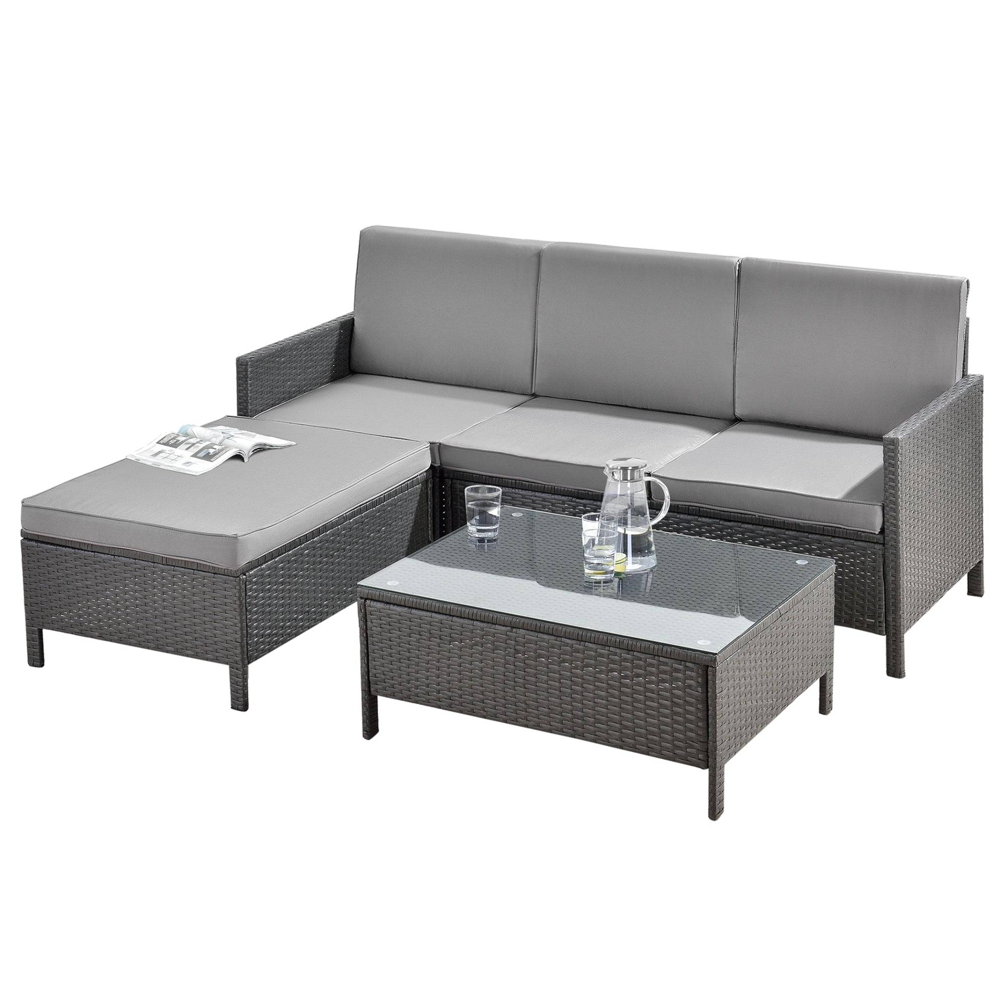 Helloshop26 - Salon de jardin design set de 3 meubles extérieurs ensemble de canapé tabouret table basse sièges avec coussins 4 places acier polyrotin verre polyes - Imagen 1