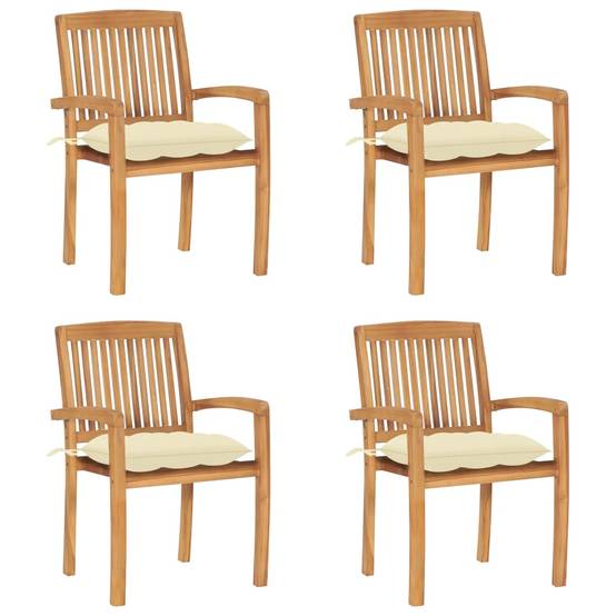 Chaises de jardin empilables Teck solide avec coussins blanc cassé 60 x 57.5 x 90 cm - PANGIVO - Image 1