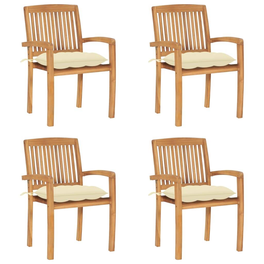 Chaises de jardin empilables Teck solide avec coussins blanc cassé 60 x 57.5 x 90 cm - PANGIVO - Image 1