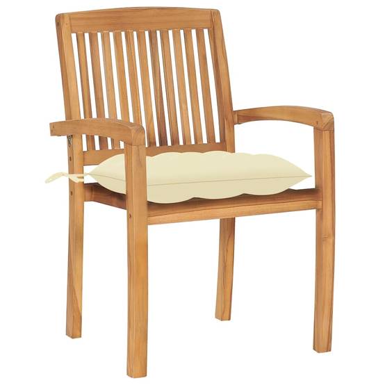 Chaises de jardin empilables Teck solide avec coussins blanc cassé 60 x 57.5 x 90 cm - PANGIVO - Image 3