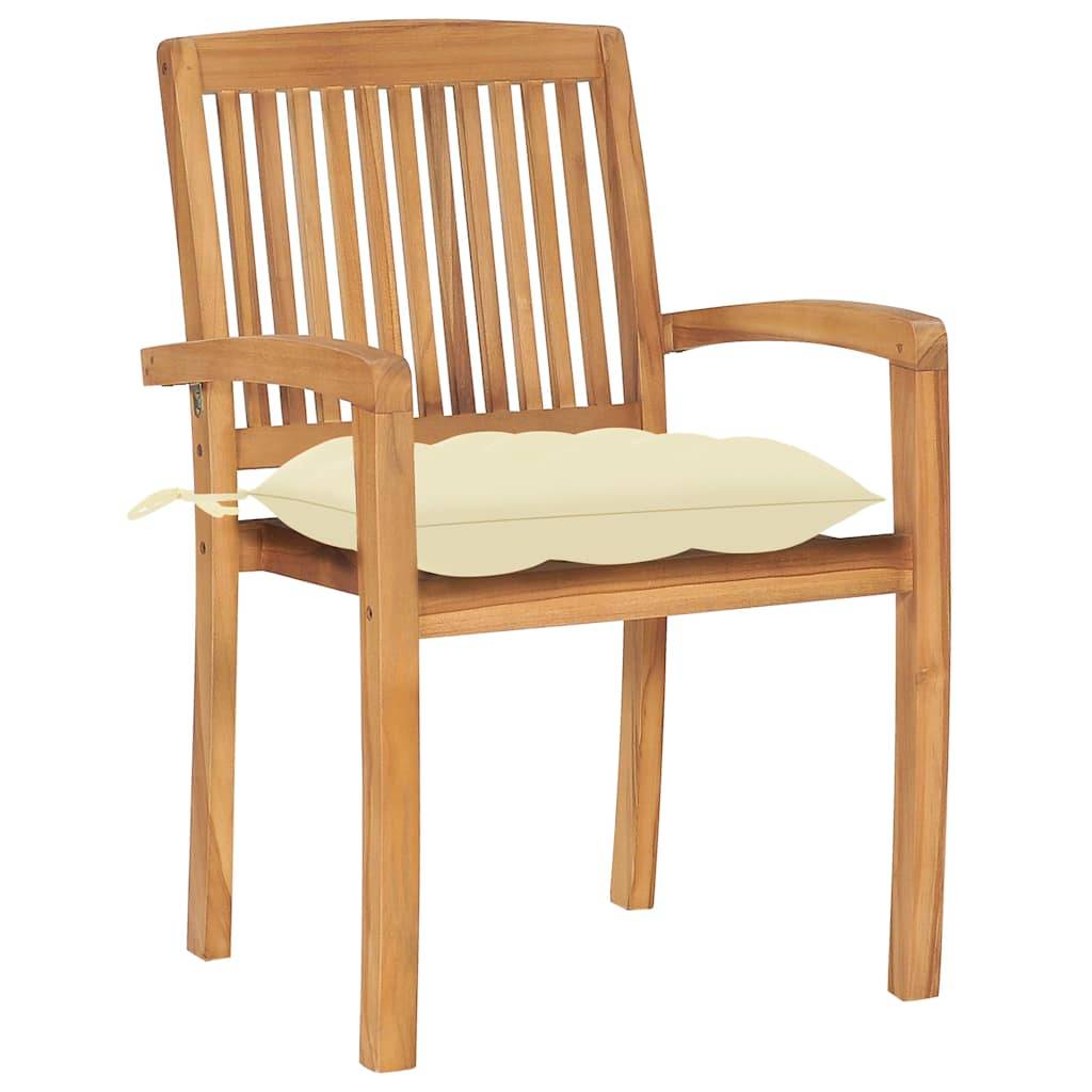 Chaises de jardin empilables Teck solide avec coussins blanc cassé 60 x 57.5 x 90 cm - PANGIVO - Image 3