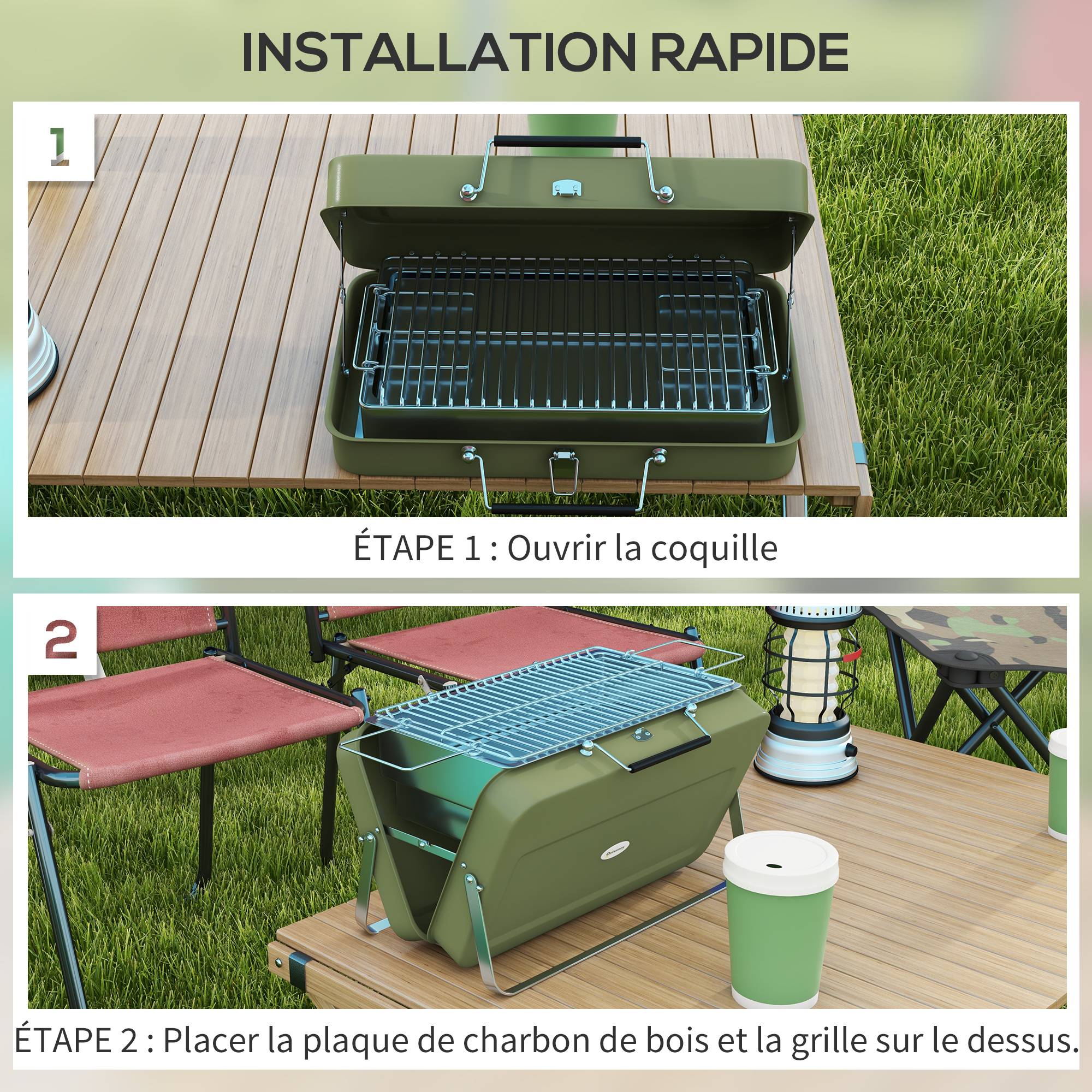 Barbecue à charbon portable acier vert 47 x 30 x 28 cm - PANGIVO - Image 7