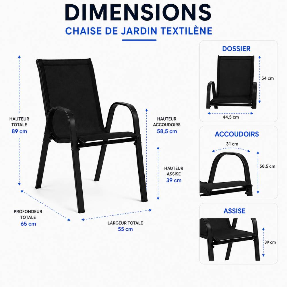 Chaises de jardin empilables textilène x6 Unité Noir - Image 3
