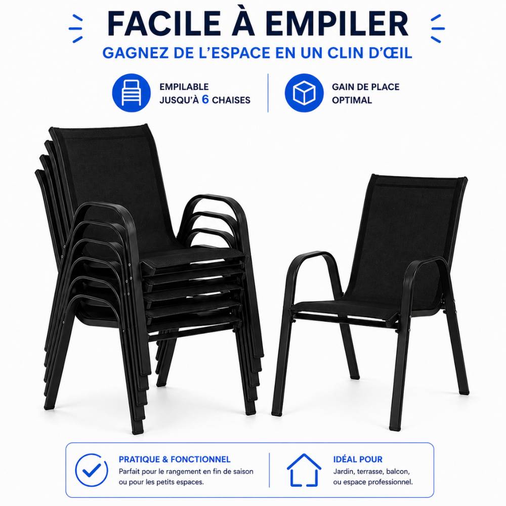 Chaises de jardin empilables textilène x6 Unité Noir - Image 4