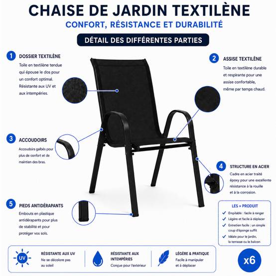 Chaises de jardin empilables textilène x6 Unité Noir - Image 2