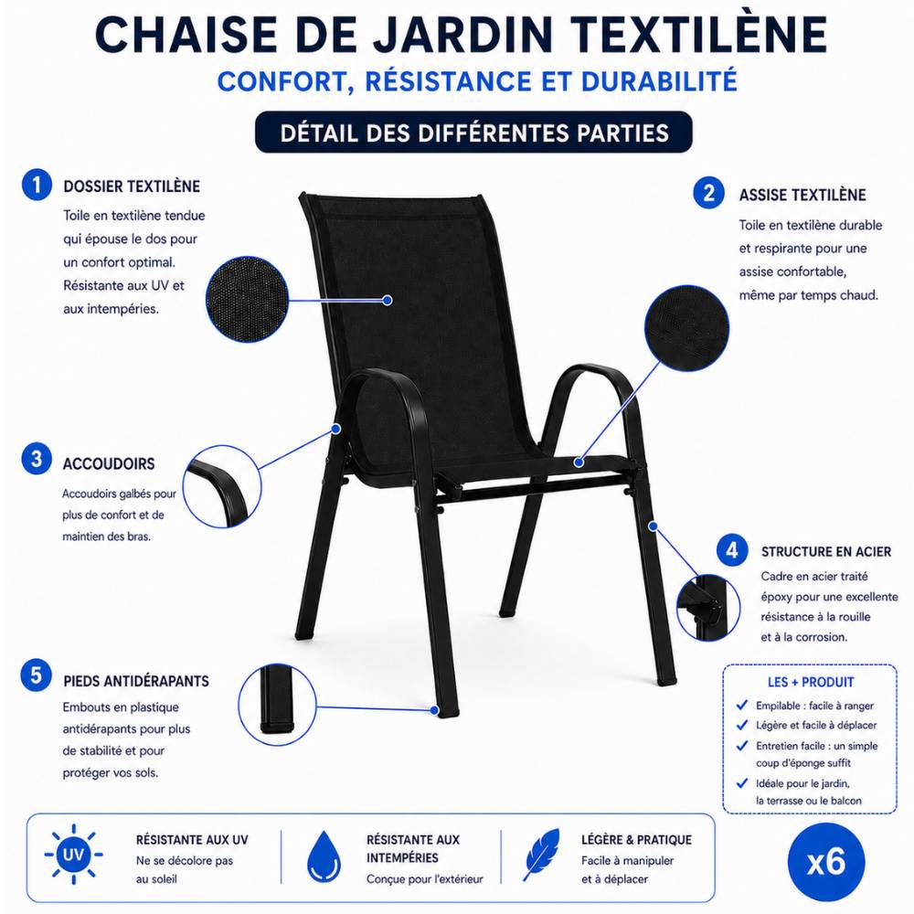Chaises de jardin empilables textilène x6 Unité Noir - Image 2