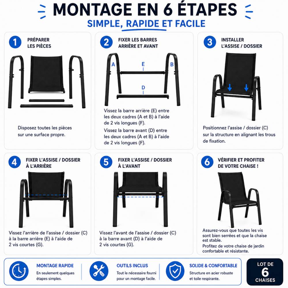 Chaises de jardin empilables textilène x6 Unité Noir - Image 8