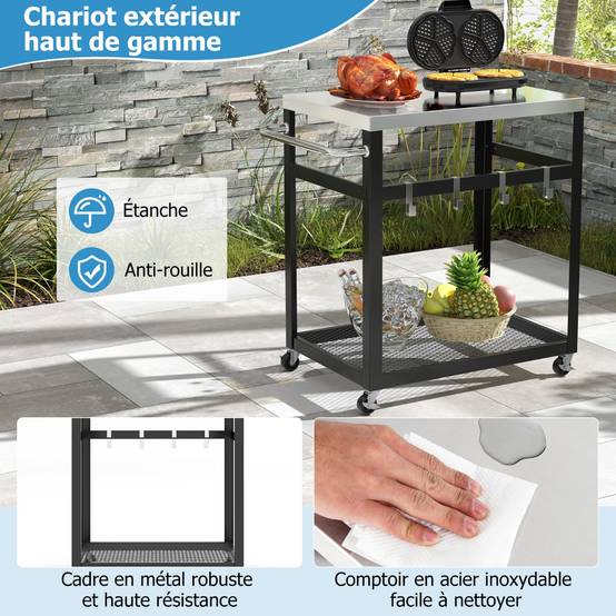 Chariot d'Extérieur Desserte de Jardin à 2 Étagères avec Plateau et Poignée en Acier Inoxydable 4 Crochets 83,5 x 50,5 x 84,5 cm Noir - Image 8