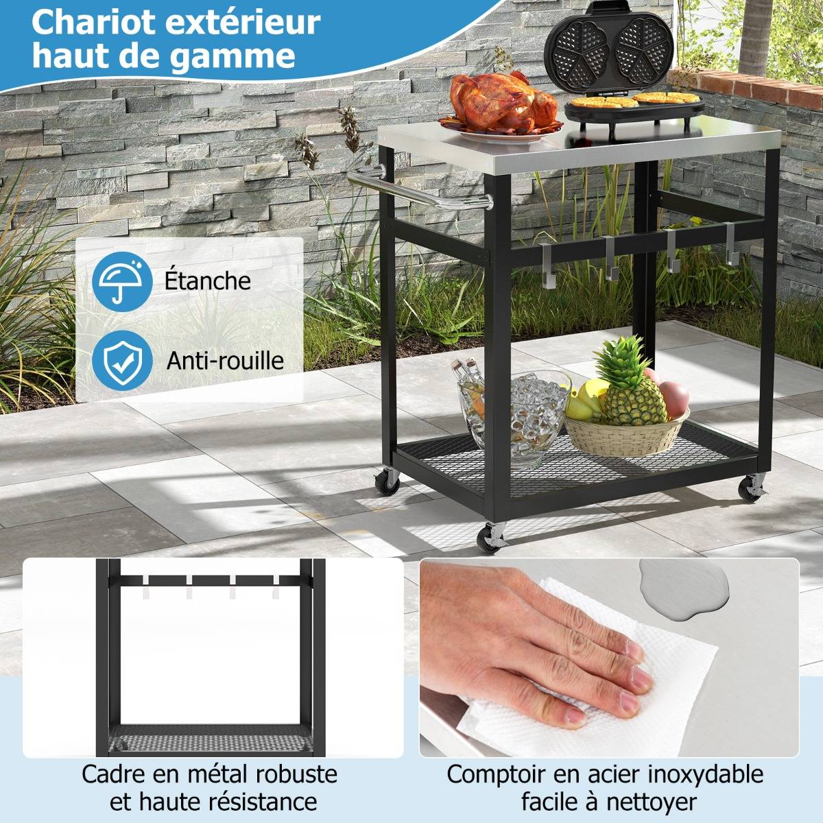 Chariot d'Extérieur Desserte de Jardin à 2 Étagères avec Plateau et Poignée en Acier Inoxydable 4 Crochets 83,5 x 50,5 x 84,5 cm Noir - Image 8