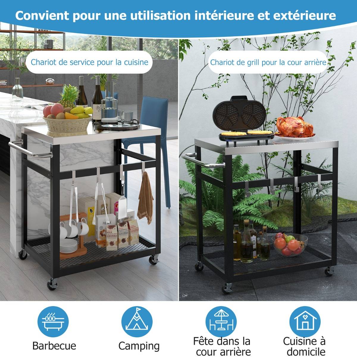 Chariot d'Extérieur Desserte de Jardin à 2 Étagères avec Plateau et Poignée en Acier Inoxydable 4 Crochets 83,5 x 50,5 x 84,5 cm Noir - Image 9