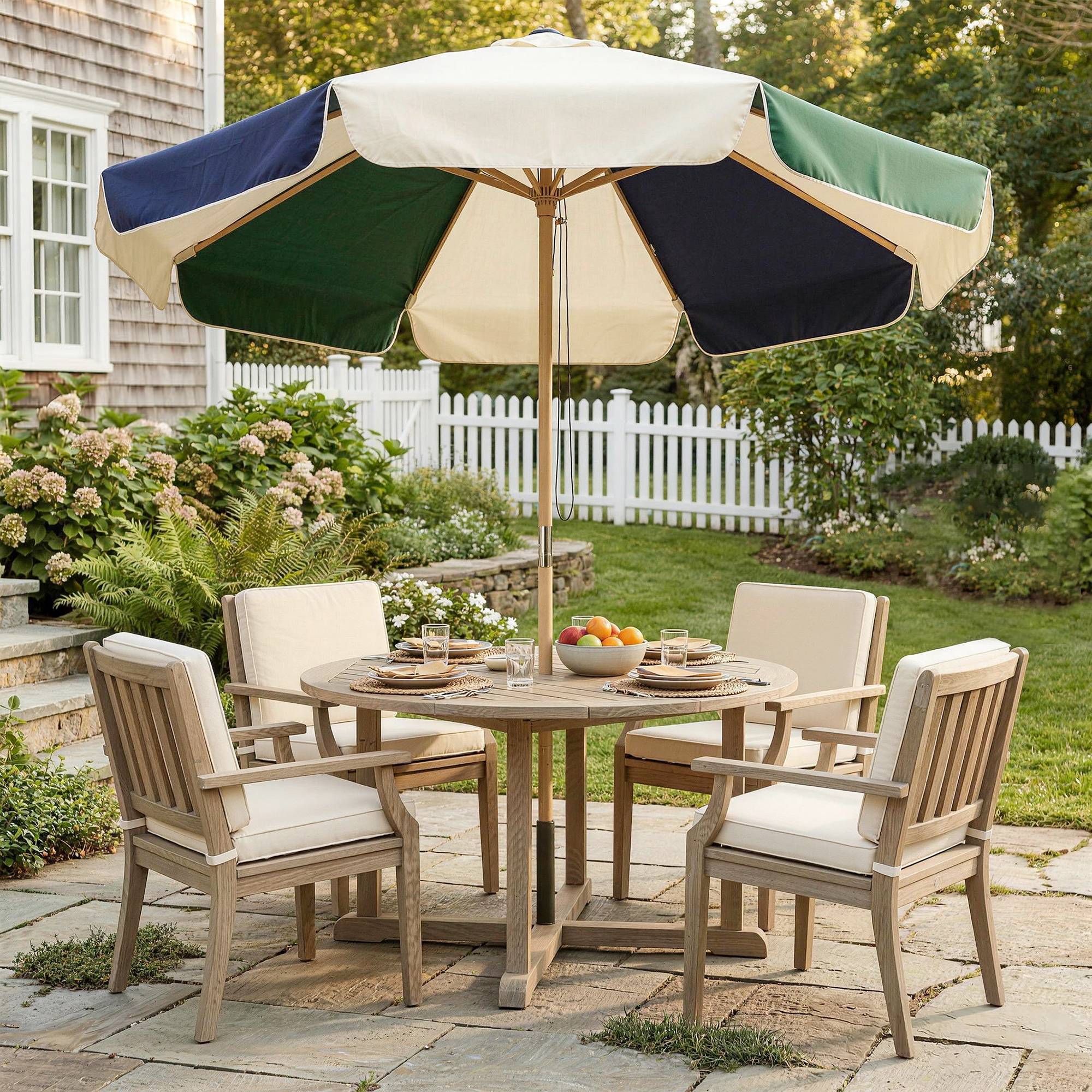 Parasol terrasse exterieur Ø2,3 m, cadre effet bois, poulie corde, dais bicolore UPF30+, vert fonce - Image 10