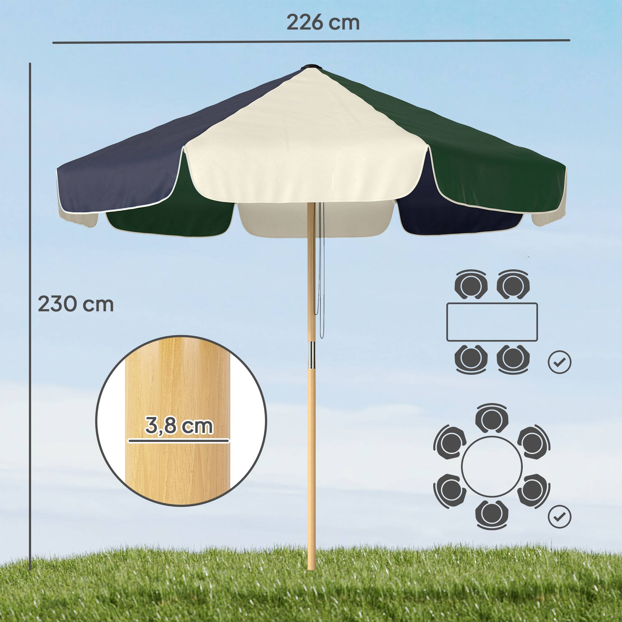 Parasol terrasse exterieur Ø2,3 m, cadre effet bois, poulie corde, dais bicolore UPF30+, vert fonce - Image 5