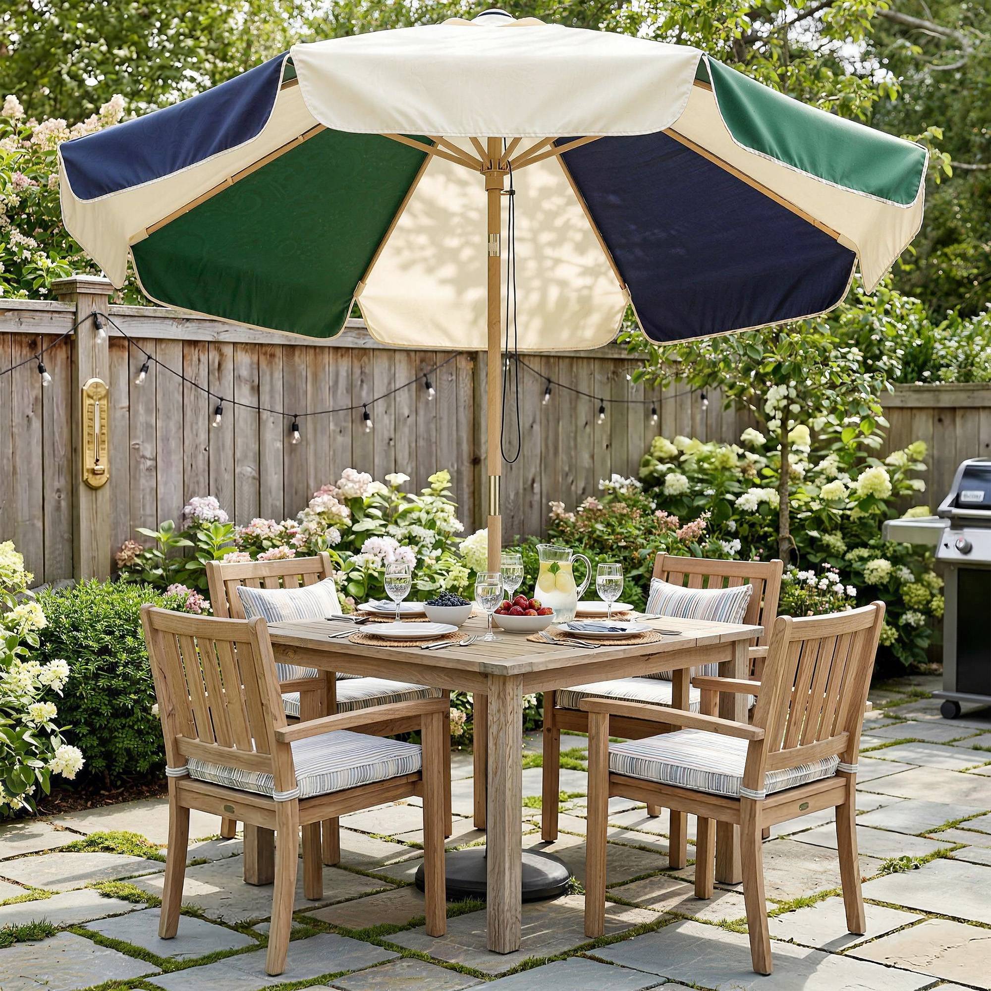 Parasol terrasse exterieur Ø2,3 m, cadre effet bois, poulie corde, dais bicolore UPF30+, vert fonce - Image 4