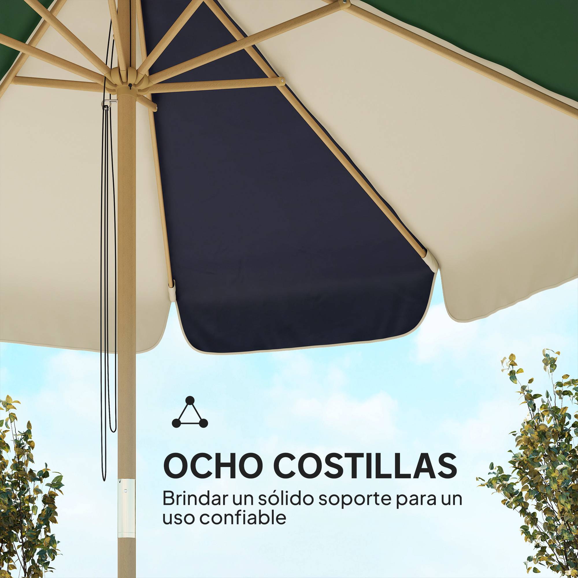Parasol terrasse exterieur Ø2,3 m, cadre effet bois, poulie corde, dais bicolore UPF30+, vert fonce - Image 8