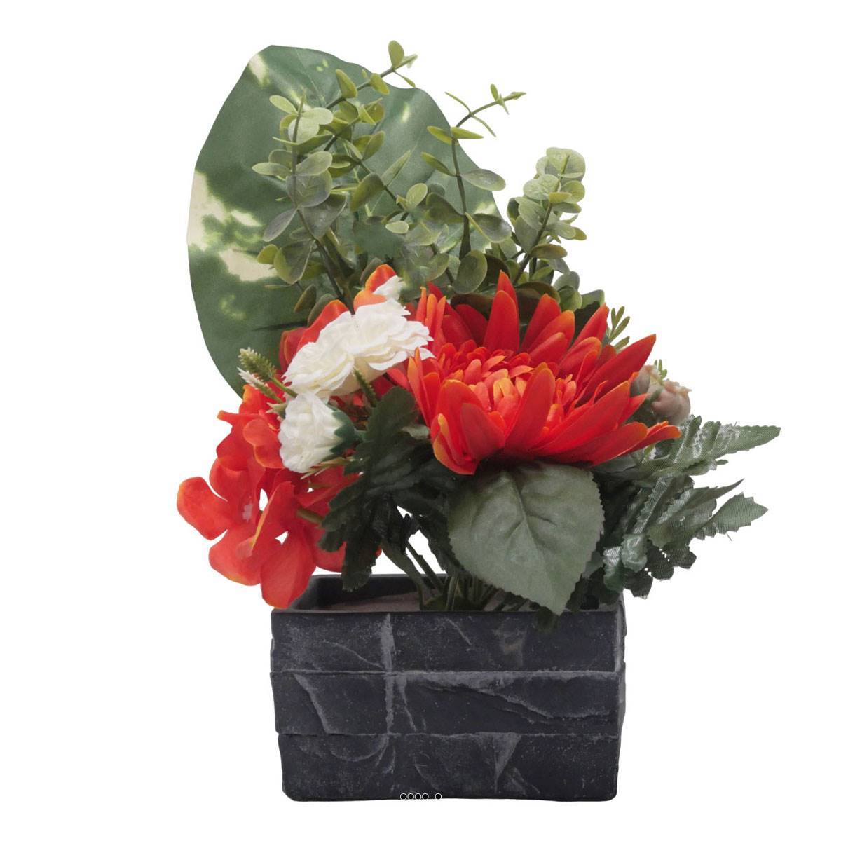 Artificielles - Jardinière pot beton Chrysanthème, Hortensia, Dahlia et eucalyptus Orange - couleur: Orange - Imagen 2