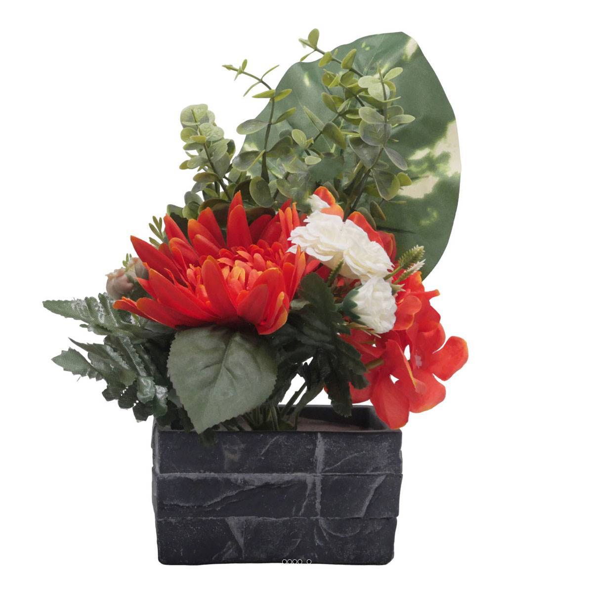 Artificielles - Jardinière pot beton Chrysanthème, Hortensia, Dahlia et eucalyptus Orange - couleur: Orange - Imagen 1