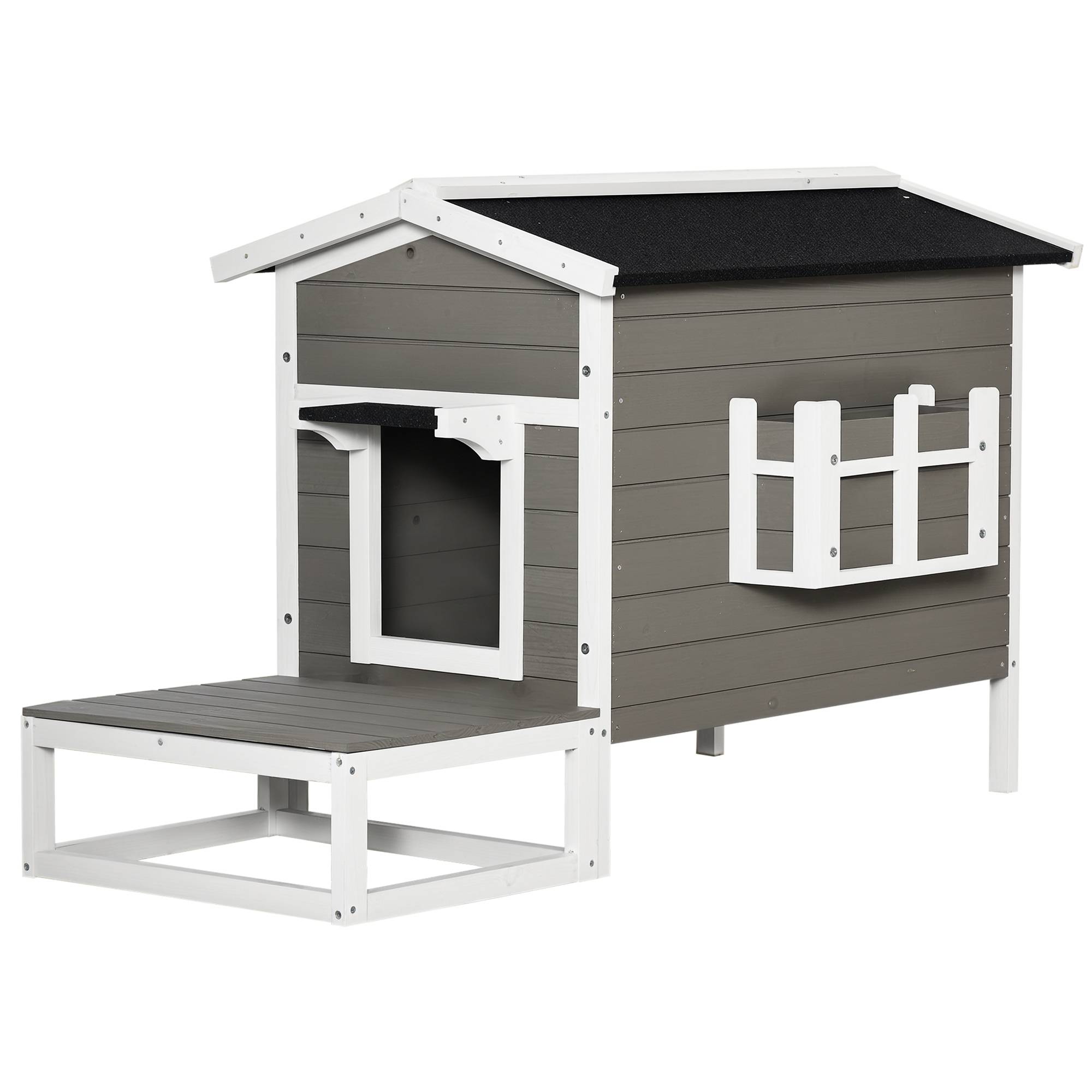 Sans Marque - Maisonnette pour chats niche extérieure surélevé avec terrasse étanche en bois, dim. 115L x 66,5P x 74,7H cm, gris