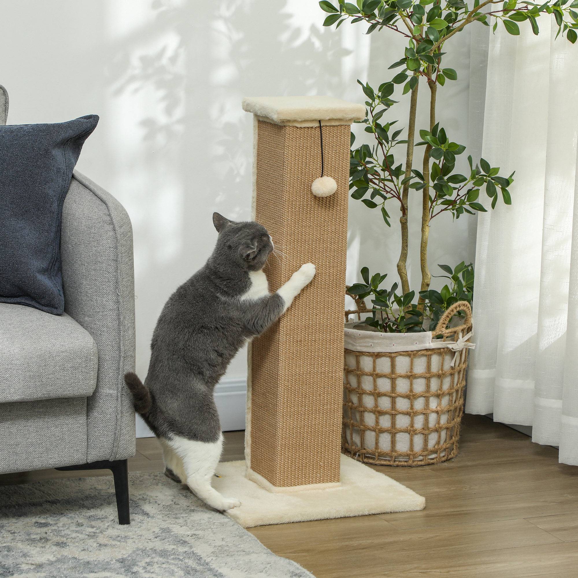Poteau Griffoir Haut pour Chat 81 cm en Jute avec Balle de Jeu et Base Stable Beige - ComfortXL Outdoor Living - Image 4