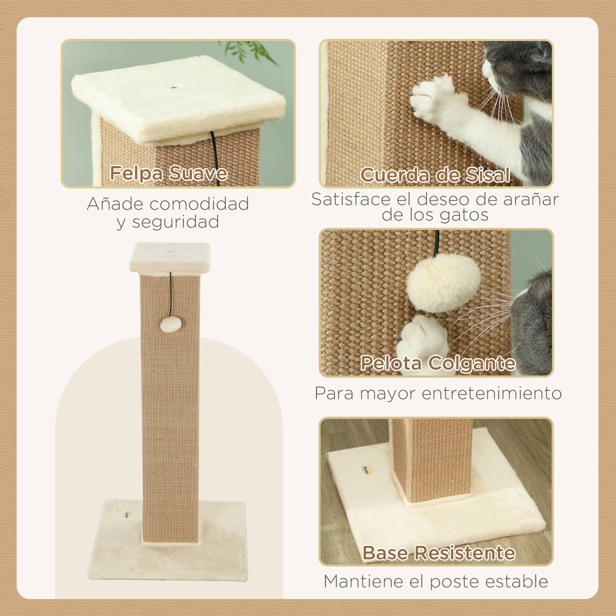 Poteau Griffoir Haut pour Chat 81 cm en Jute avec Balle de Jeu et Base Stable Beige - ComfortXL Outdoor Living - Image 7