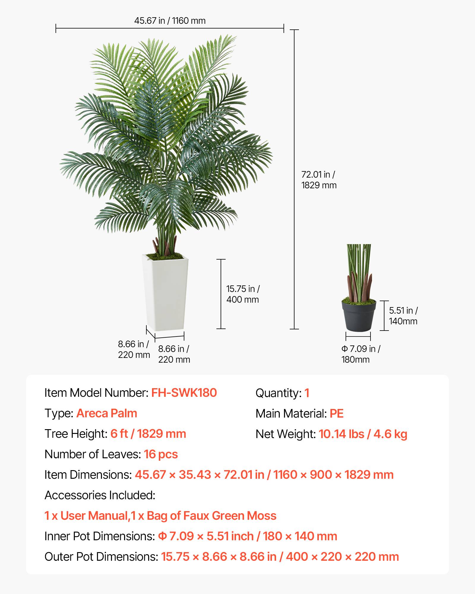 VEVOR Palmier Artificiel Areca Plante Artificielle Tropicale en Pot Blanc 1,8 m - Image 7