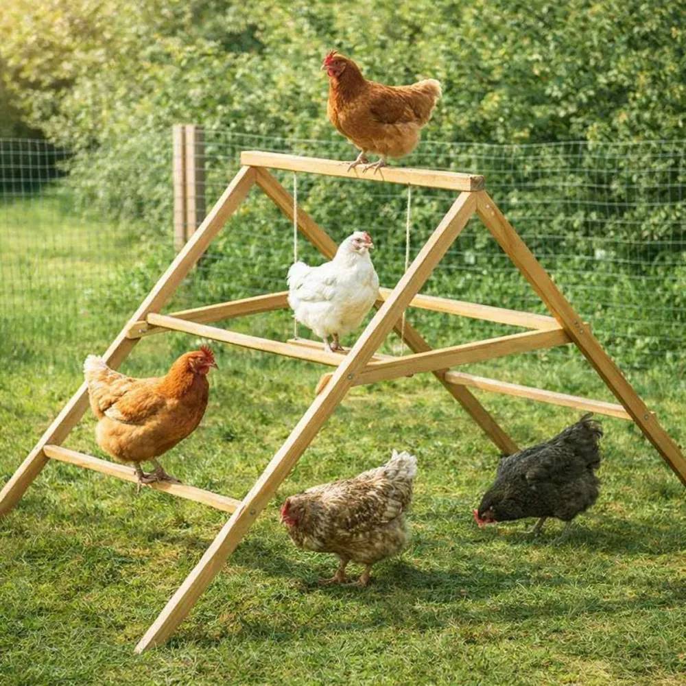 Perchoir poules en bois 2 échelles avec balançoire - Image 1