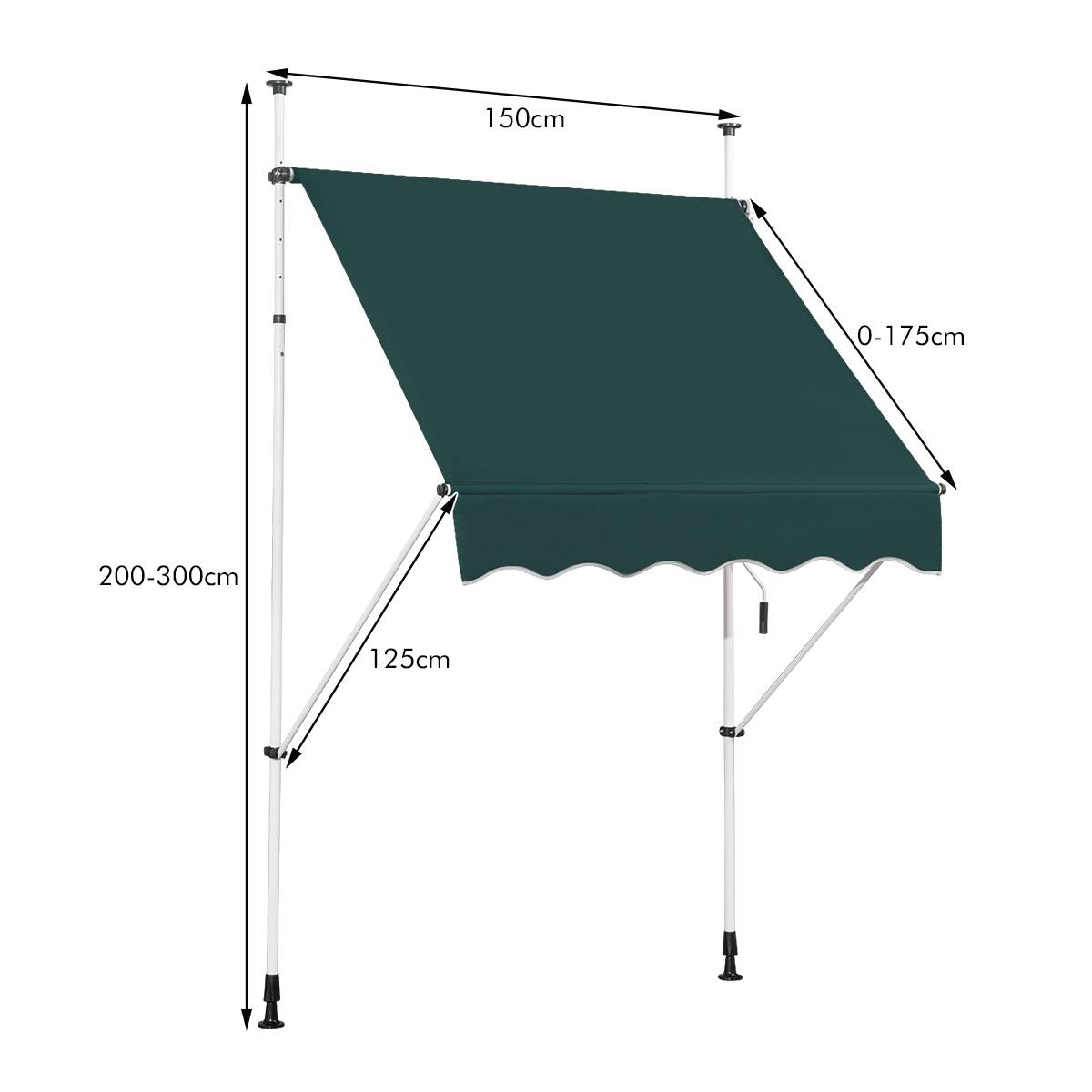 Costway - Store Banne Manuel Hauteur Réglable 200-300CM, Auvent Rétractable150x125CM sans Perçage en Métal et Tissu Oxford pour Fenêtre,Terrasse, Vert - Image 3