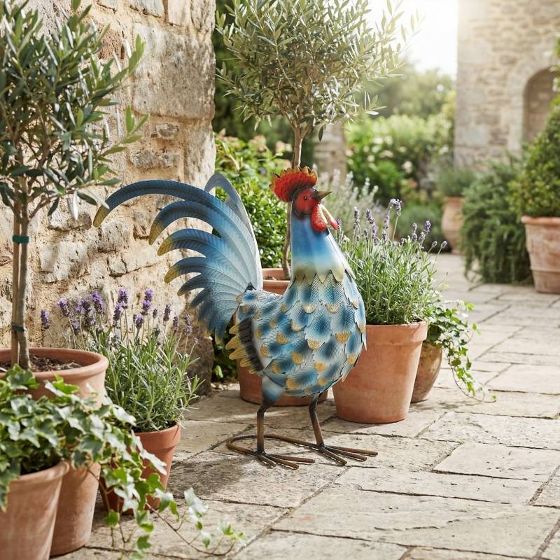 Statue coq de jardin métal décoration extérieure anti-rouille multicolore 41cm - ComfortXL Outdoor Living - Image 8