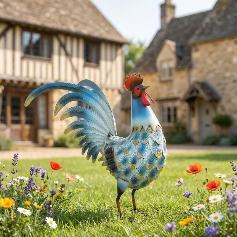 Statue coq de jardin métal décoration extérieure anti-rouille multicolore 41cm - ComfortXL Outdoor Living - Image 1