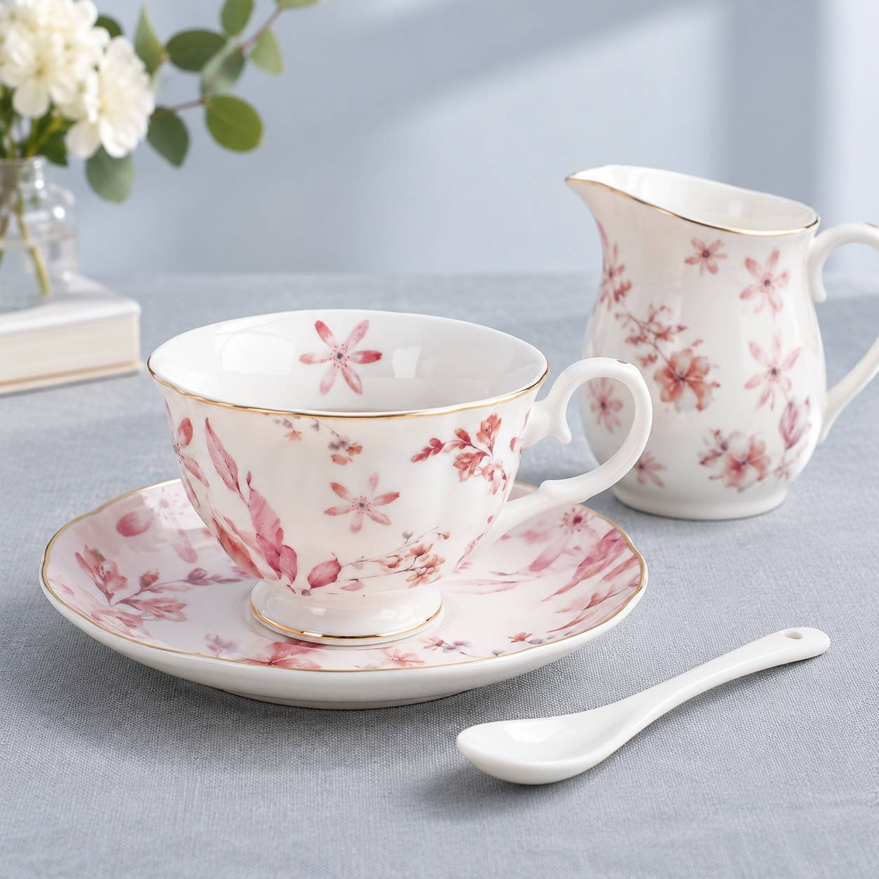 Service à Thé en Porcelaine 21 Pièces Décor Fleurs et Roses Or - Image 5