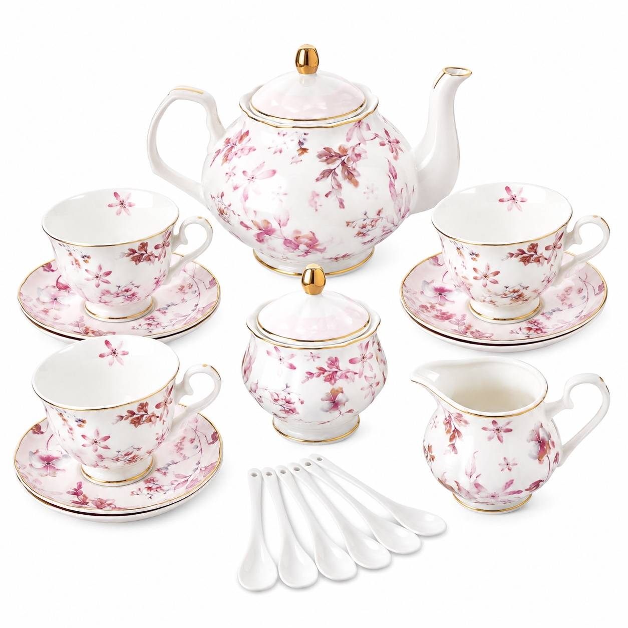 Service à Thé en Porcelaine 21 Pièces Décor Fleurs et Roses Or - Image 1