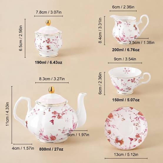 Service à Thé en Porcelaine 21 Pièces Décor Fleurs et Roses Or - Image 6