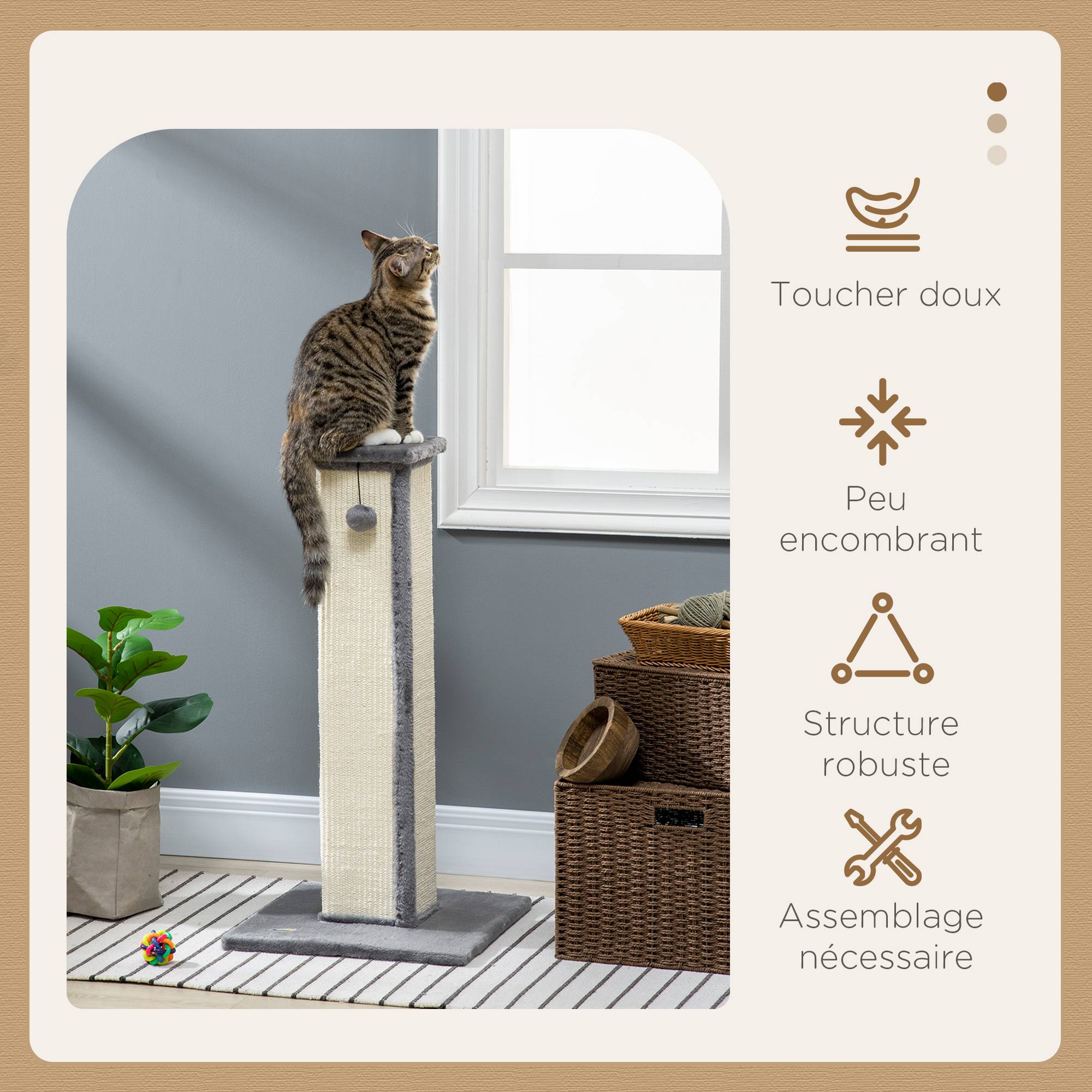Griffoir poteau chat sisal naturel peluche boule de jeu suspendue 41x81cm gris crème - ComfortXL Outdoor Living - Image 6