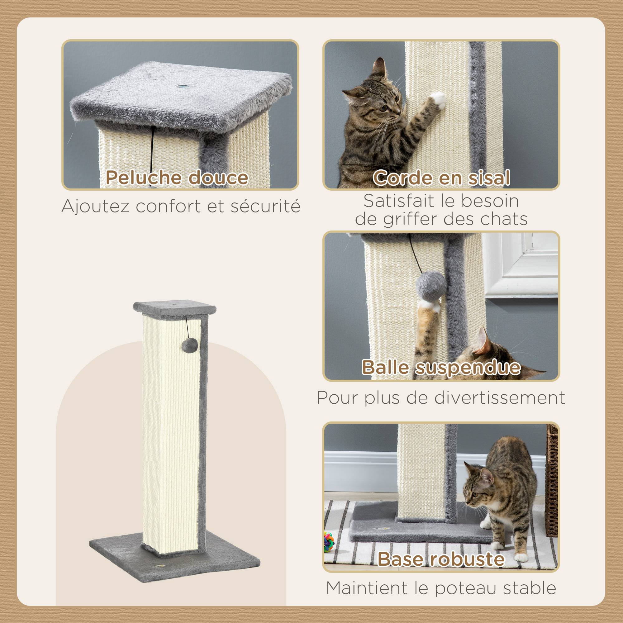 Griffoir poteau chat sisal naturel peluche boule de jeu suspendue 41x81cm gris crème - ComfortXL Outdoor Living - Image 7