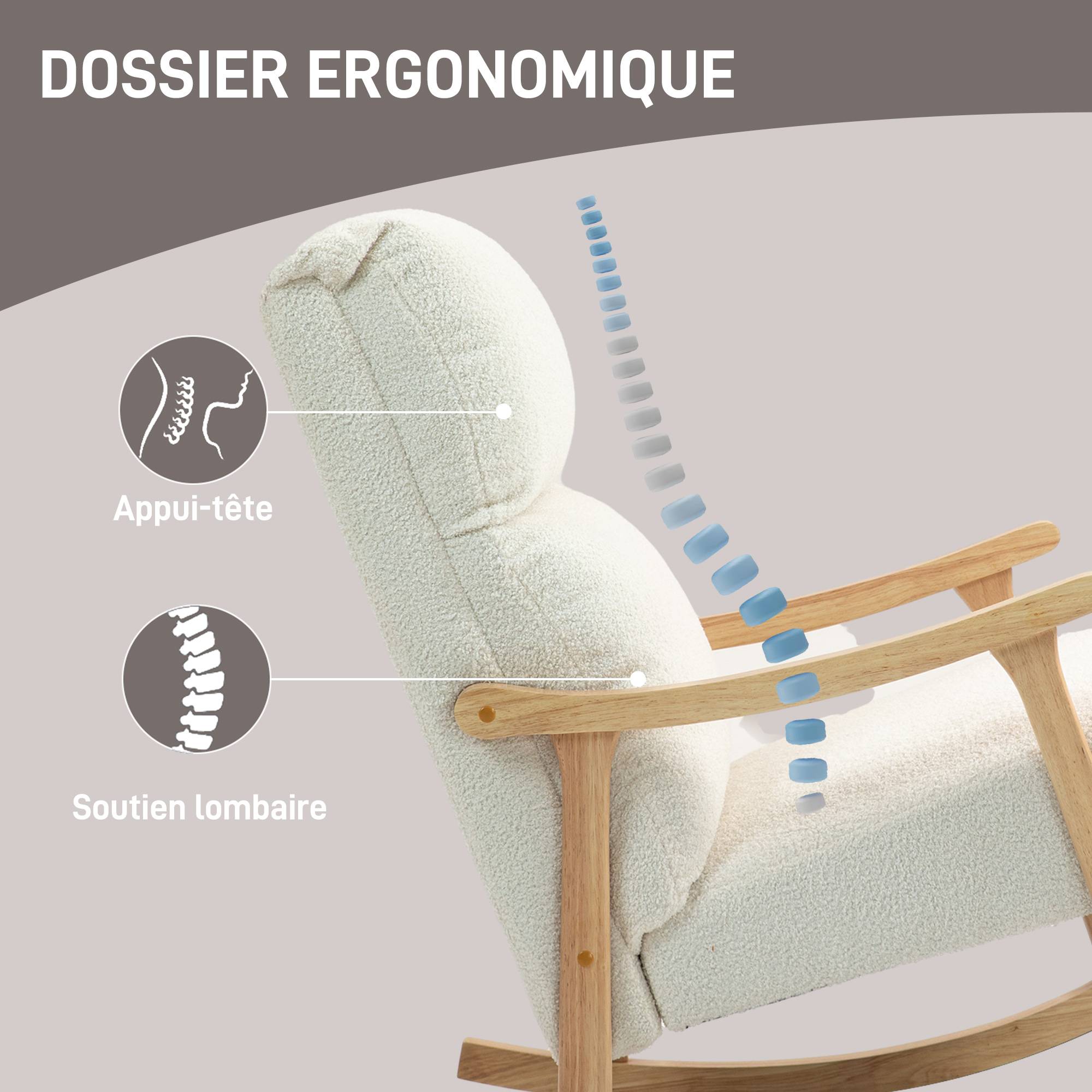 Fauteuil à bascule, rocking chair en velours teddy avec assise rembourré, dossier ergonomique, 65 x 90 x 98 cm, crème - Image 7