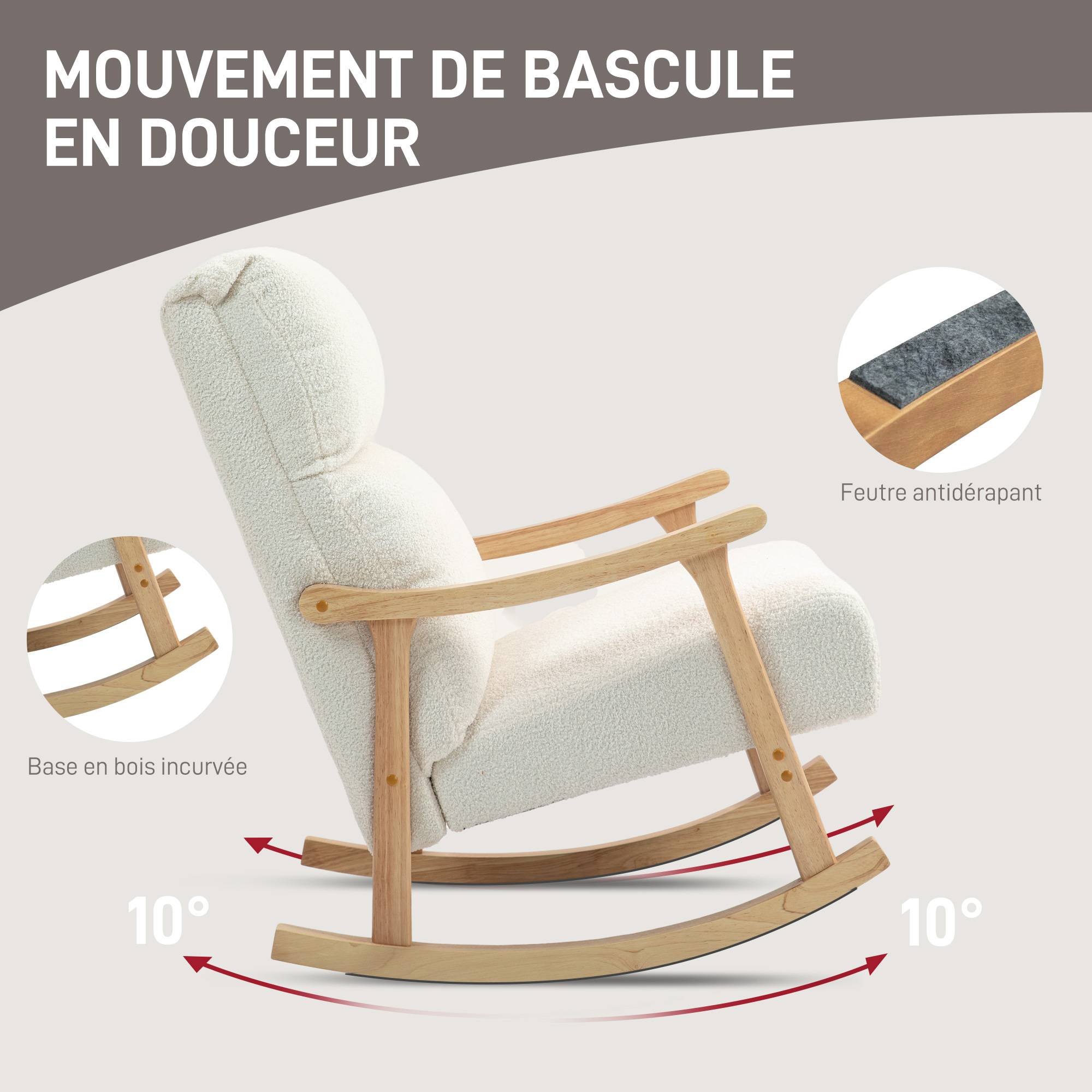 Fauteuil à bascule, rocking chair en velours teddy avec assise rembourré, dossier ergonomique, 65 x 90 x 98 cm, crème - Image 6