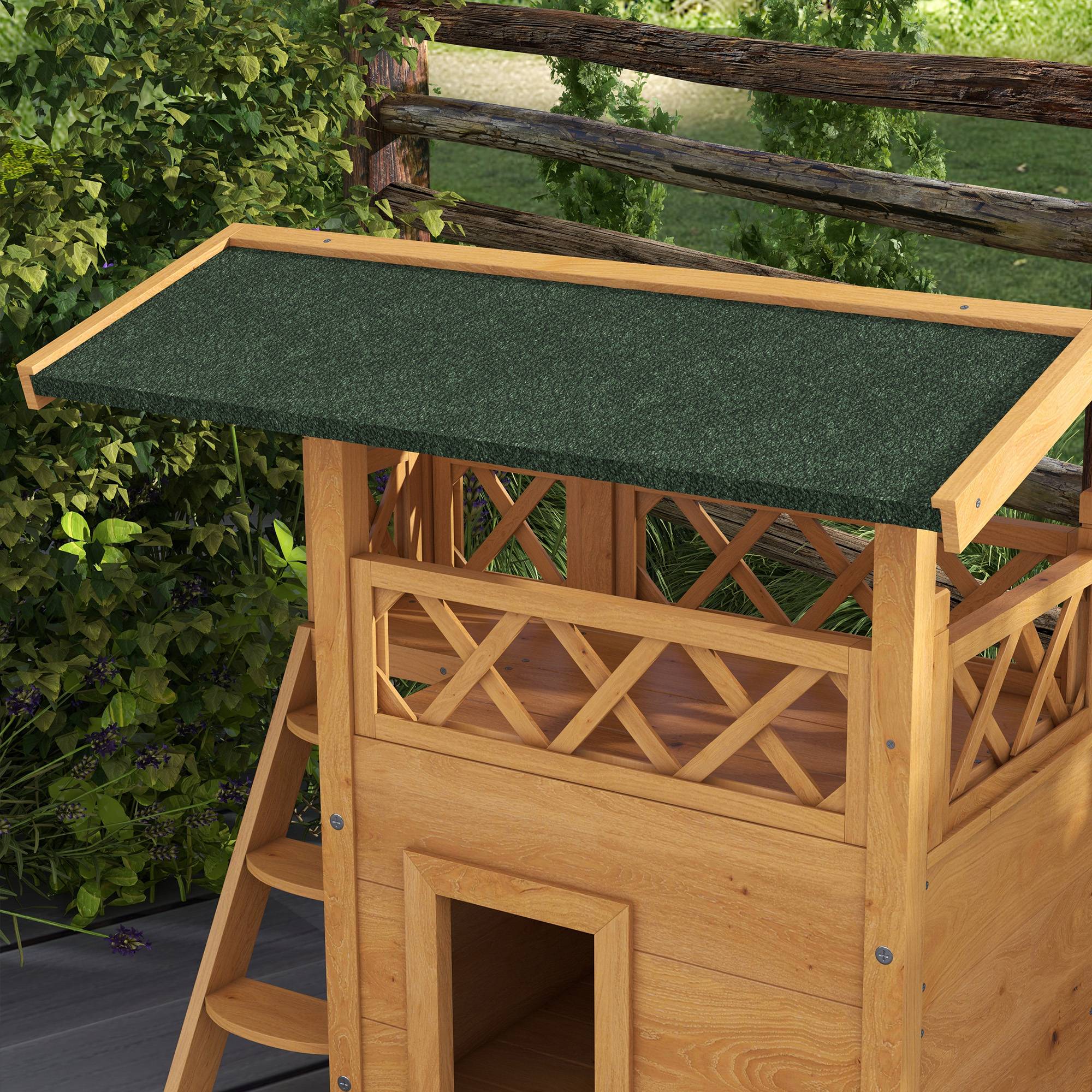Niche pour chat à 2 niveaux (77 x 50 x 73 cm) avec toit en asphalte, échelle et balcon pour une utilisation extérieure, couleur naturelle - Image 9