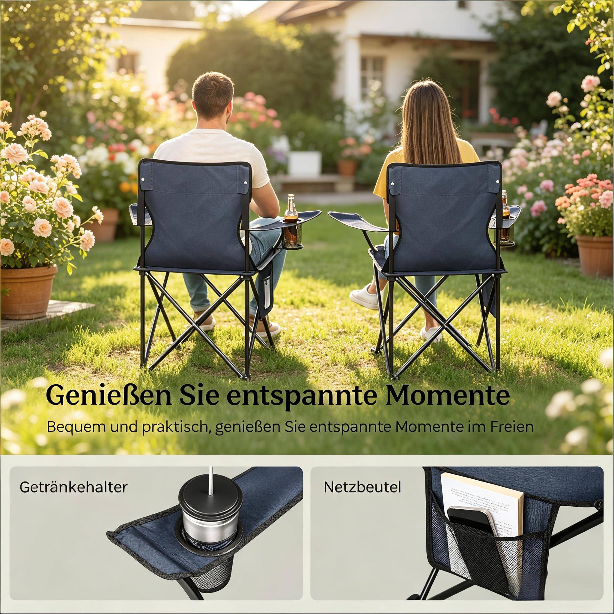 Lot De 2 Chaises Pliantes Bleues Pour Pêche, Camping Et Festivals - Avec Sac De Transport Et Porte-Gobelet - 120 Kg