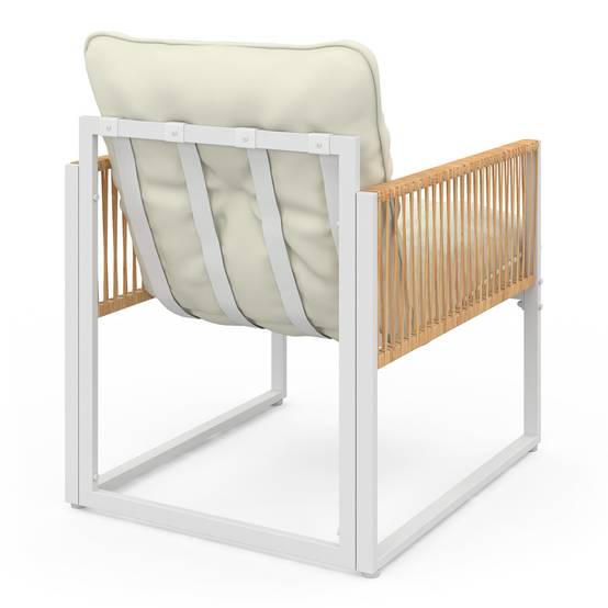 Salon de jardin bas RIO 6 places structure métal blanc et cordage effet rotin avec coussins beige - Image 5