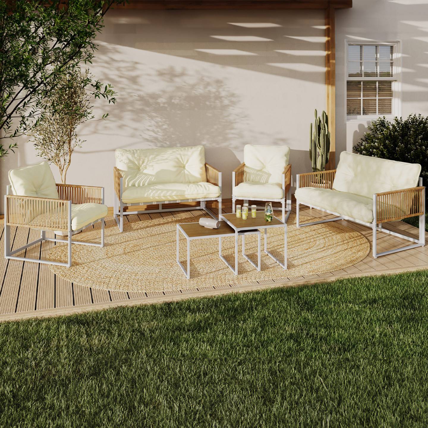 Salon de jardin bas RIO 6 places structure métal blanc et cordage effet rotin avec coussins beige - Image 1