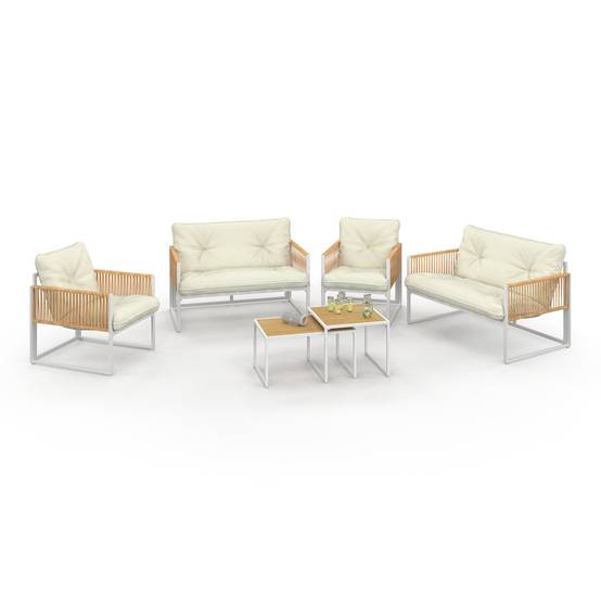 Salon de jardin bas RIO 6 places structure métal blanc et cordage effet rotin avec coussins beige - Image 2