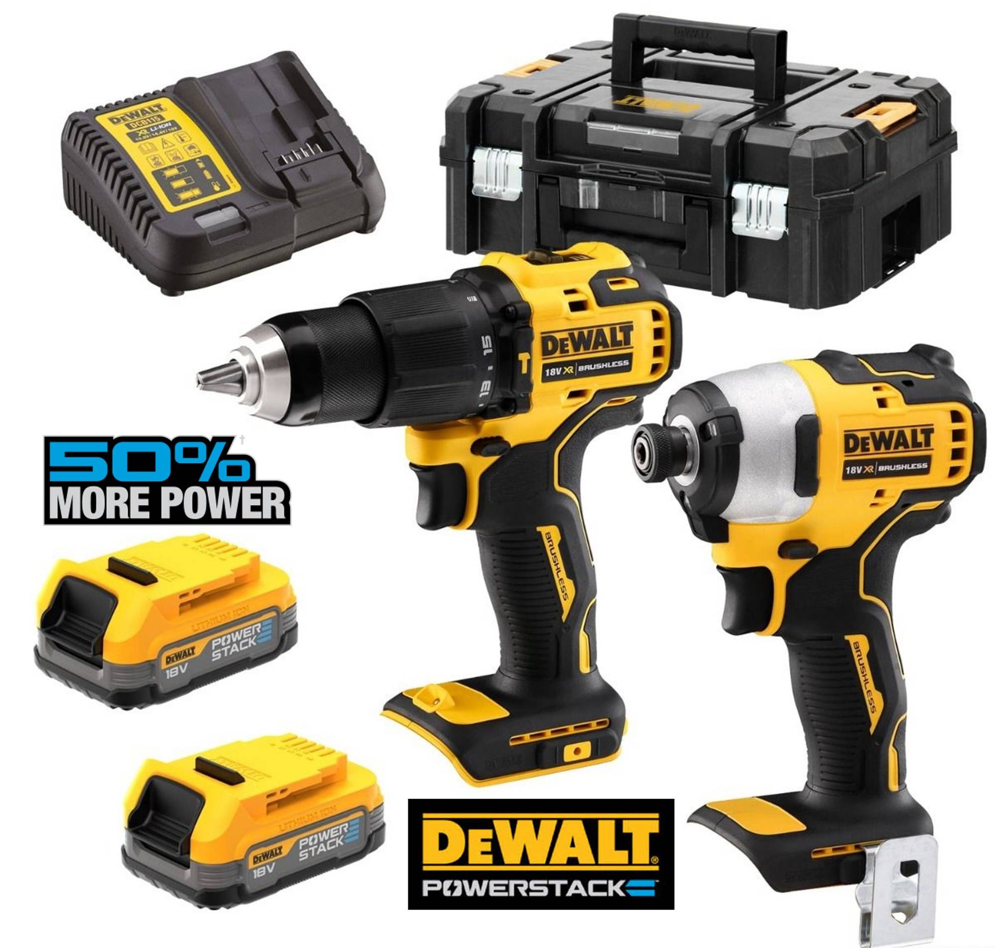 Dewalt - Pack de 2 outils 18V POWERSTAK (DCD709/DCF809) + 2 batteries 1,7Ah + chargeur + coffret T-STAK - DEWALT - DCK2062E2T-QW - Imagen 1