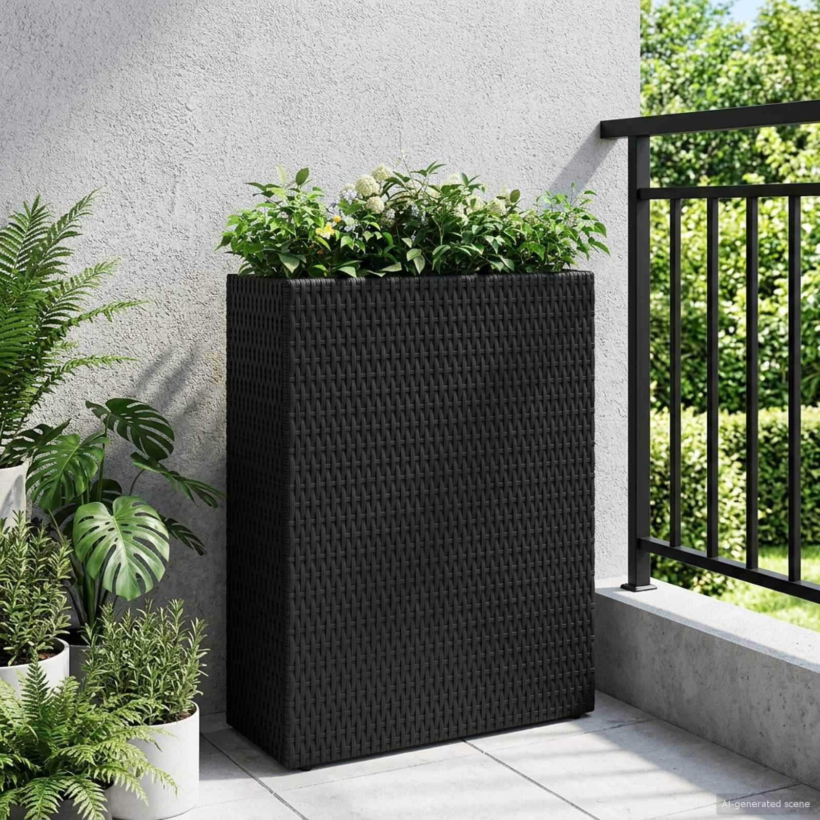 ComfortXL - Grand pot de fleurs rectangulaire polyrotin pour terrasse moderne avec sac noir 55x22x70cm - ComfortXL Outdoor Living