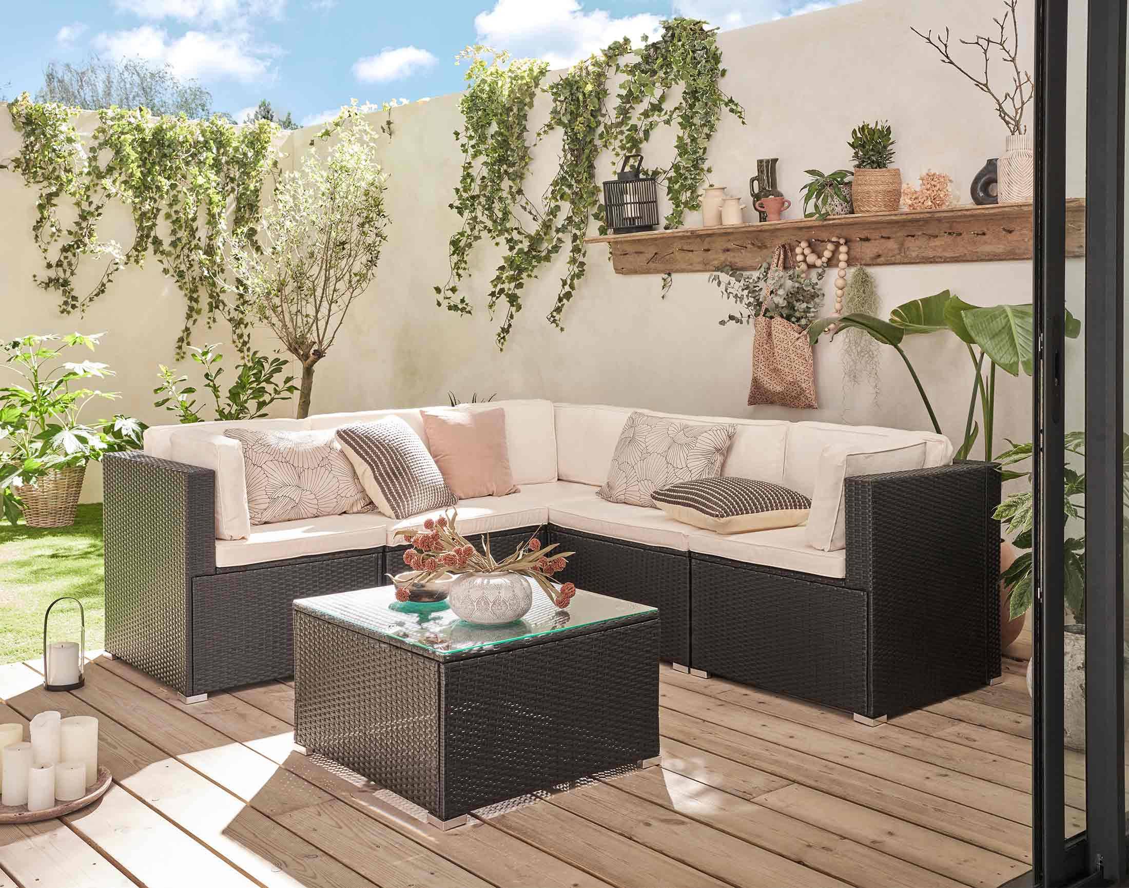 Best Mobilier - Cairns - salon bas de jardin 5 places - résine tressée noire et coussins beiges - Best Mobilier - Imagen 2