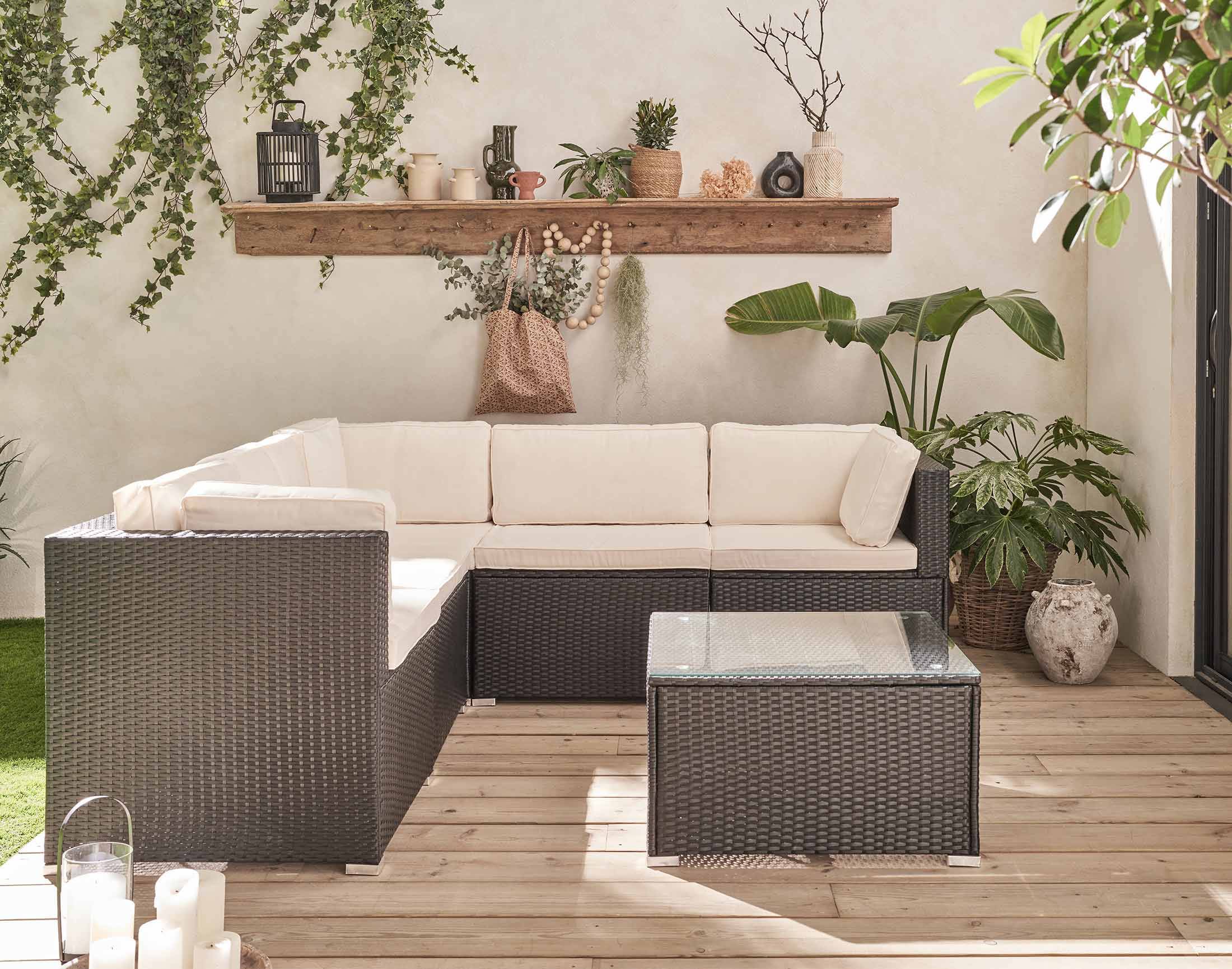 Best Mobilier - Cairns - salon bas de jardin 5 places - résine tressée noire et coussins beiges - Best Mobilier - Imagen 7