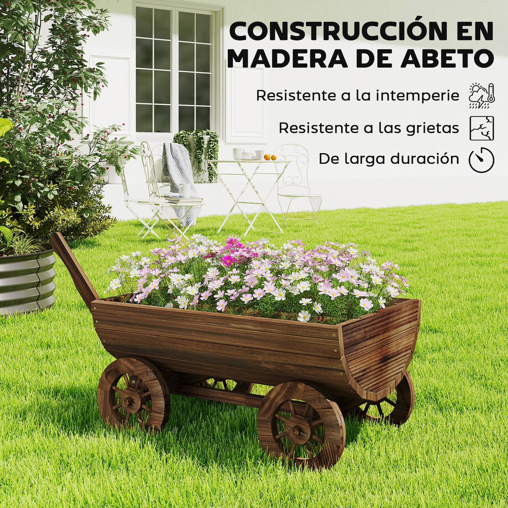 Chariot en bois à 4 roues avec poignée, jardinière d'extérieur avec trou de drainage, 115 x 40 x 54,5 cm, carbonisé - Image 9