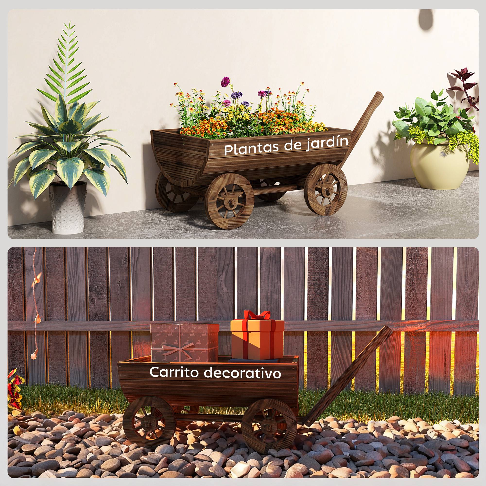 Chariot en bois à 4 roues avec poignée, jardinière d'extérieur avec trou de drainage, 115 x 40 x 54,5 cm, carbonisé - Image 10